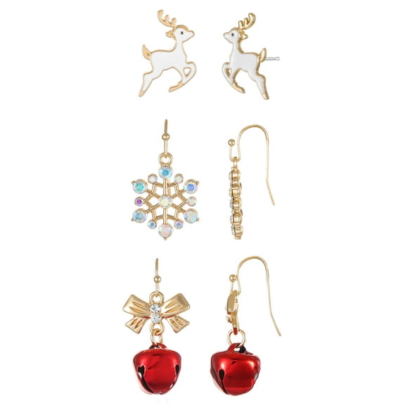 Holiday Time Women's Goldtone Christmas Motif Earrings, 3 Pairs