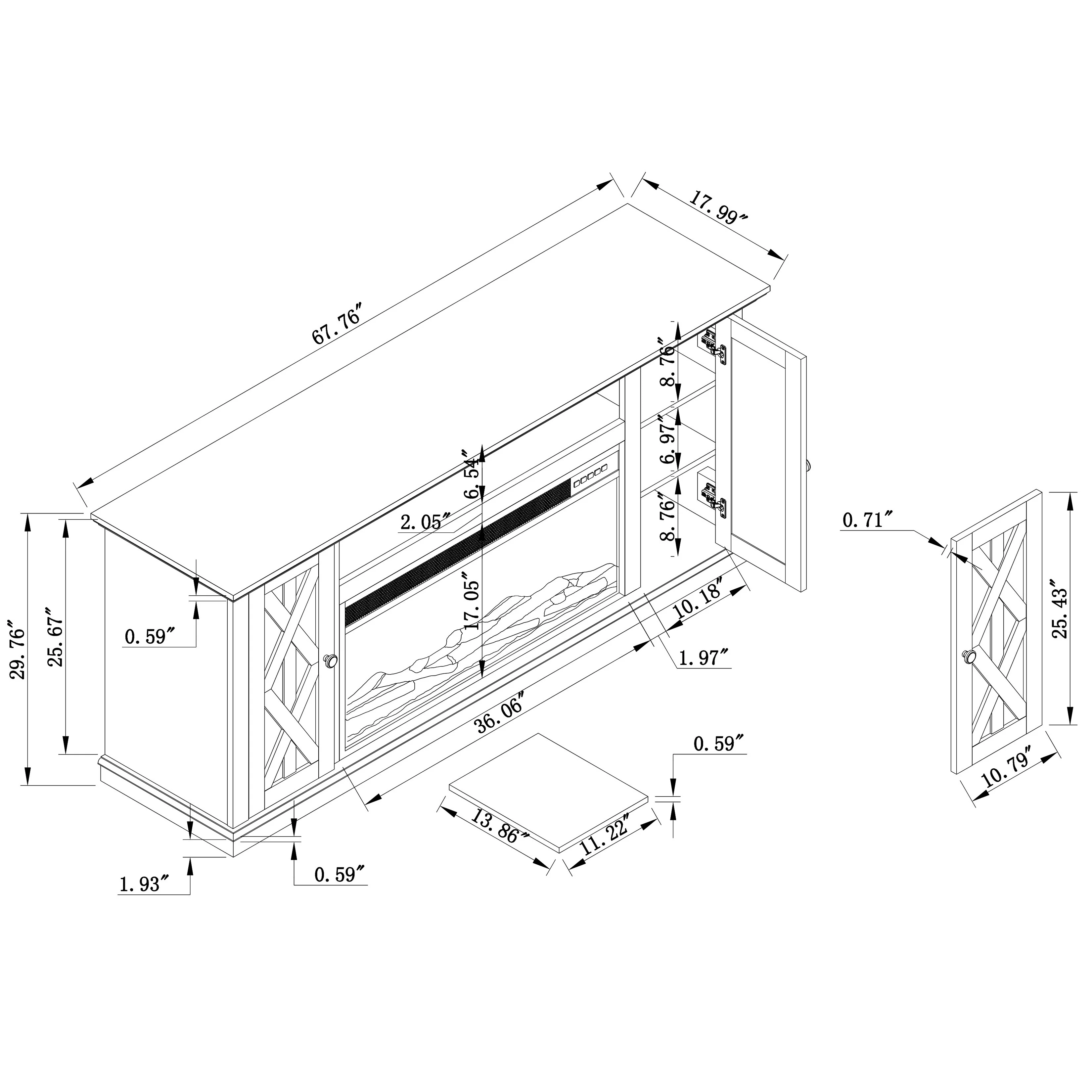 Sleek 68" TV Stand with Integrated 36" Electric Fireplace-Blue