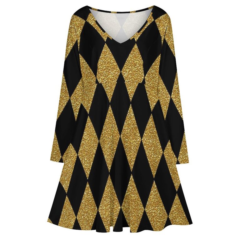 Black And Gold Harlequin Long Sleeve Dresses For Women Vintage Elegant Party Dress Oversized V-neck Dress S-8XL - Walmart.com Black And Gold Harlequin Long Sleeve Dresses For Women Vintage Elegant Party Dress Oversized V-neck Dress S-8XL - Walmart.com