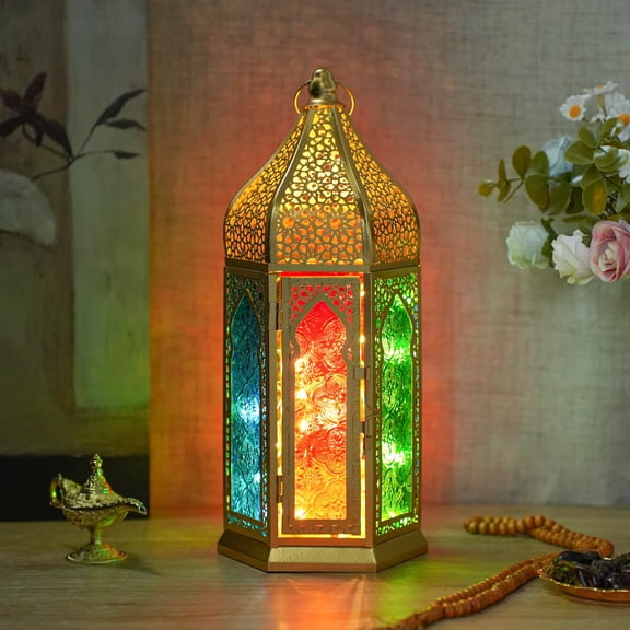 Moroccan Lantern – 12'' Gold Hexagonal Candle Lantern with Tempered Glass & Hollow-Out Design, Decorative Indoor