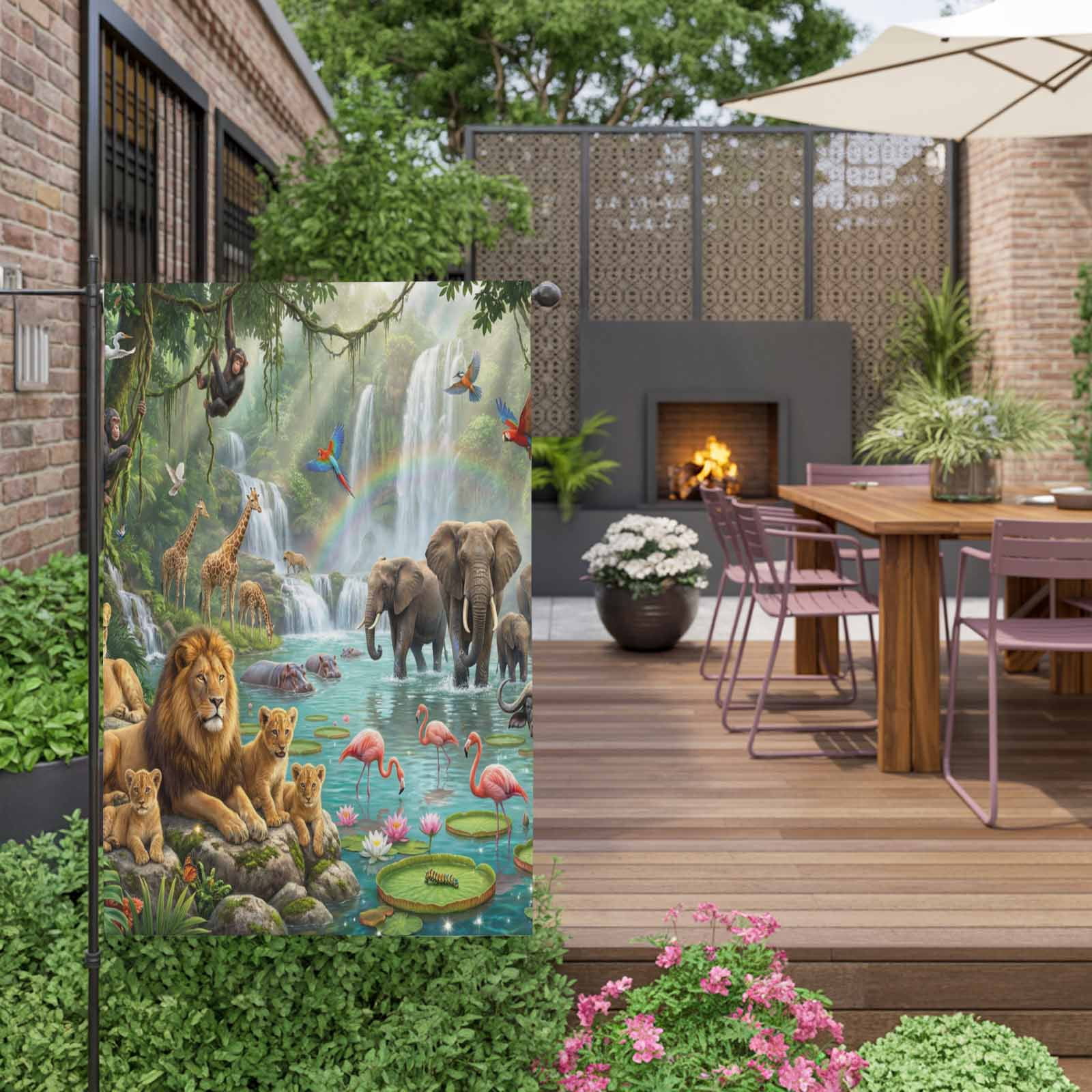 Forest Landscape House Flag 28 x 40 Inches, Tropical Elephants Lions Birds Giraffe Monkey Lotus Weather Proof Outdoor Patio Flags Double Sided Small House Decoration for Yard Lawn Outside Home