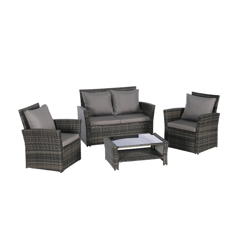 4-Piece Patio Furniture Set, Outdoor Wicker Sectional Sofa Set with Tempered Glass Coffee Table, Outdoor Conversation Set for Backyard Garden