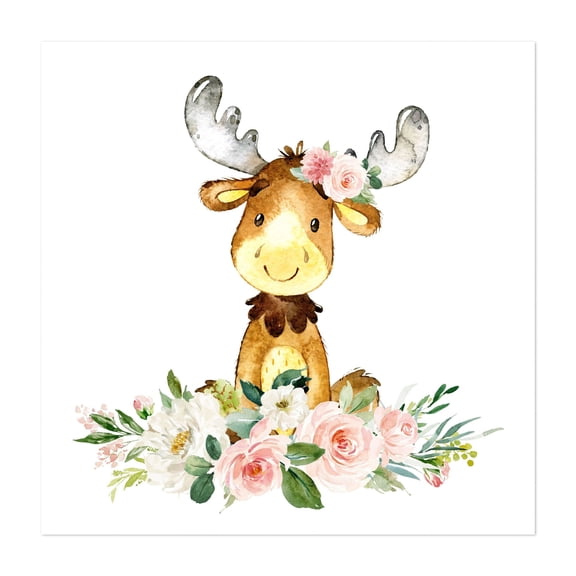 Moose, Woodland Animals, Forest Animals, Boho, Pink Flowers, Girl Nursery - Illustration Watercolor Floral Animal Whimsical Flowers Unframed Wall Art Print 6 x 6 inches