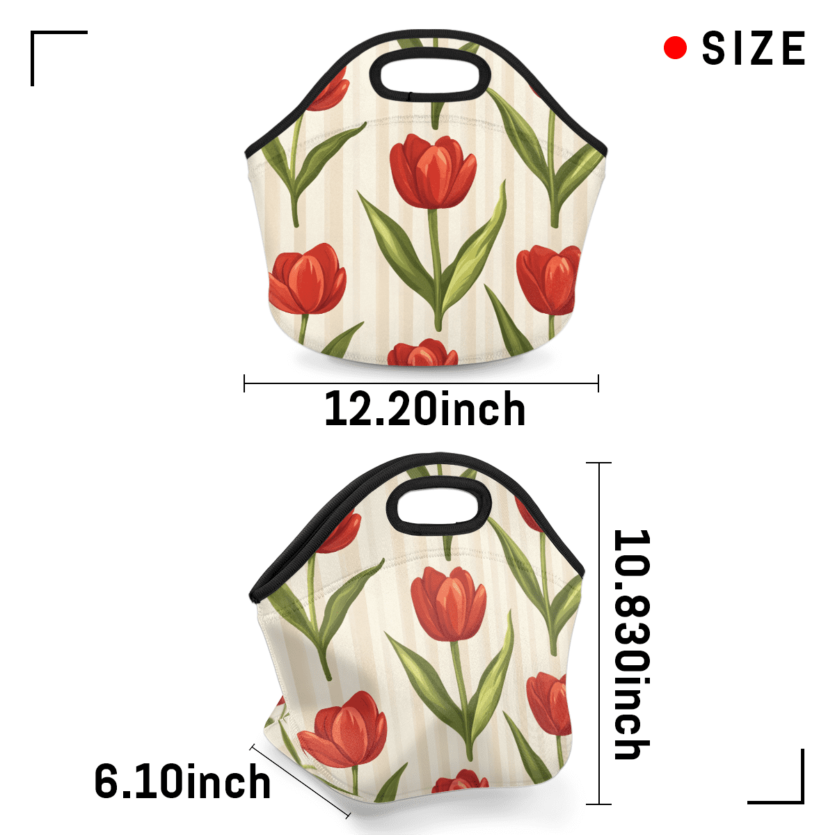 Herdesigns Tulip Insulated Lunch Bag Neoprene Lunch Box for Women Men Soft Cooler Bag Floral Washable Lunch Tote for Work Outdoor Picnic