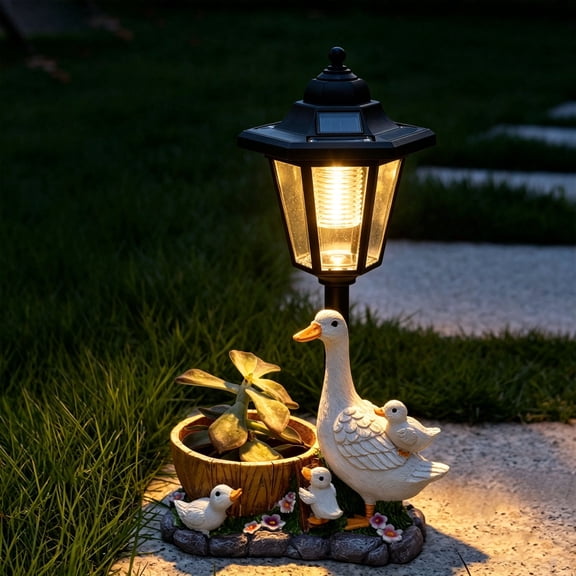 Fountwell Garden Duck Statues with Solar Lantern Flowerpot, Resin Duck Figurines Outdoor Decor – Patio Lawn Backyard Porch Ornaments, Unique Housewarming Birthday Gift for Women Mom