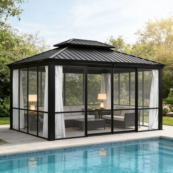 VEIKOUS 12' x 14' Outdoor Hardtop Sunroom, Double Metal Roof Solarium Gazebo with Sliding Doors, All-Weather Patio Shelter,Black