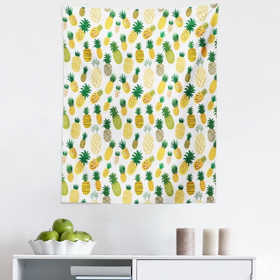 Food Tapestry, Cartoon Style Fruits Simplistic Hand Drawn Tropical Pineapples with Stripes and Dots, Fabric Wall Hanging Decor for Bedroom Living Room Dorm, 5 Sizes, Multicolor, by Ambesonne