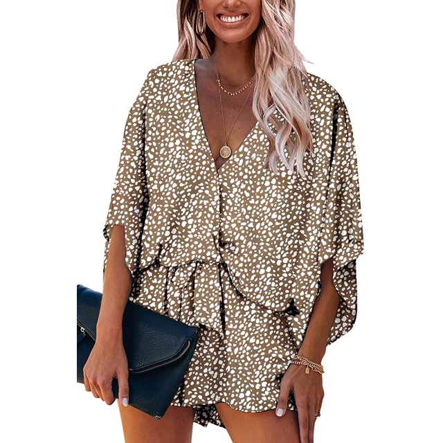Women's Rompers-Summer Deep V Neck Wrap Floral Polka Dot Short Sleeve Beach Short Jumpsuit