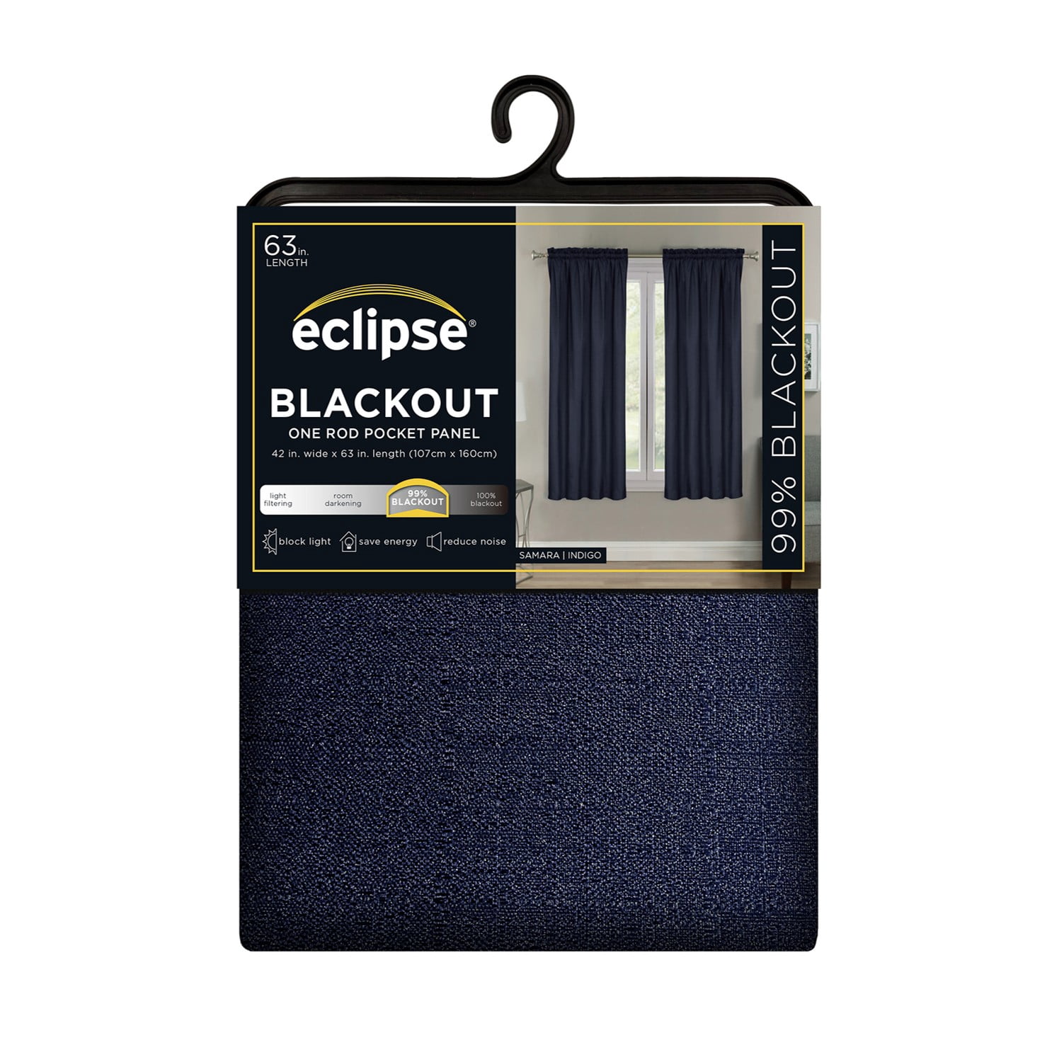 Eclipse Samara Solid Blackout Curtains, Single Curtain Panel, 63 Inch Long Blackout Curtains, 37" W x 63" L, Indigo