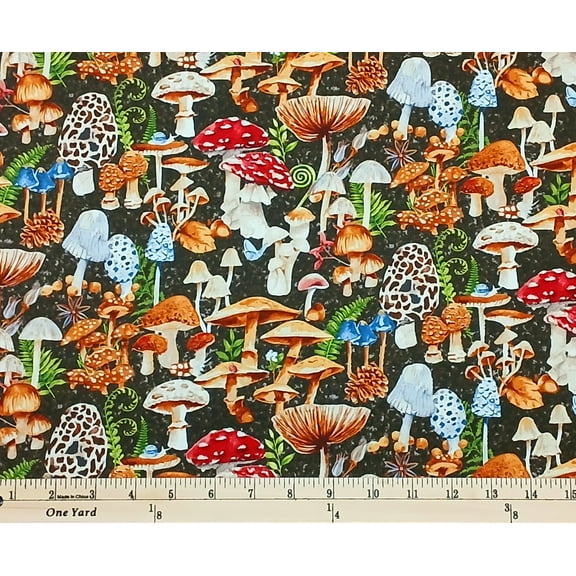 Cotton Forest Floor Mushrooms Fungi Fungus Toadstools Plants Ferns Henry Glass Charcoal Cotton Fabric Print by the Yard (1817-93)