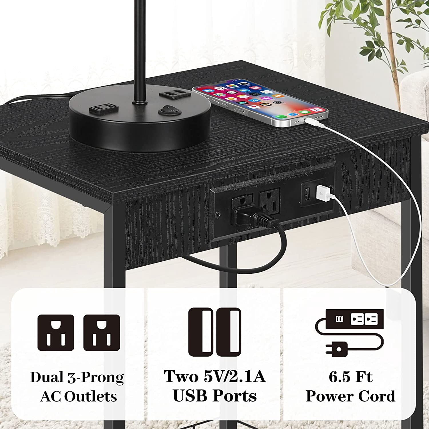 2 Tier Nightstands End Tables with Charging Station and Storage Basket Set of 2, Black