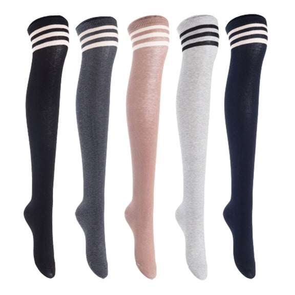 Lian LifeStyle Women's 5 Pairs Adorable Comfortable Soft Thigh High Over Knee High Cotton Socks, Size 6-9, JMYP1022 Black, DarkGrey, Khaki, LightGrey, Navy