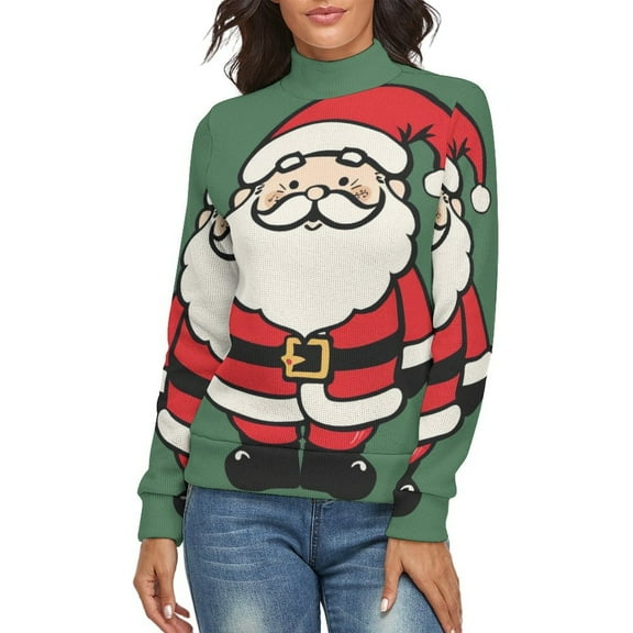 Cute Santa Women's Turtleneck Sweater Long Sleeve Ribbed Fitted Turtle Neck Casual Fall Winter Collection Top S