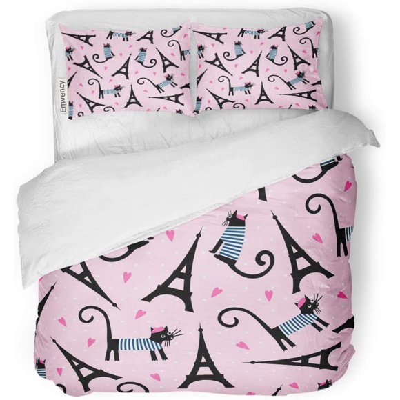 POGLIP 3 Piece Bedding Set Paris Symbols Cute Cartoon Parisian Cat and Tour Eiffel on Pink Polka Dots French Dressed Beret Striped Frock Twin Size Duvet Cover with 2 Pillowcase for Home Bedding Room