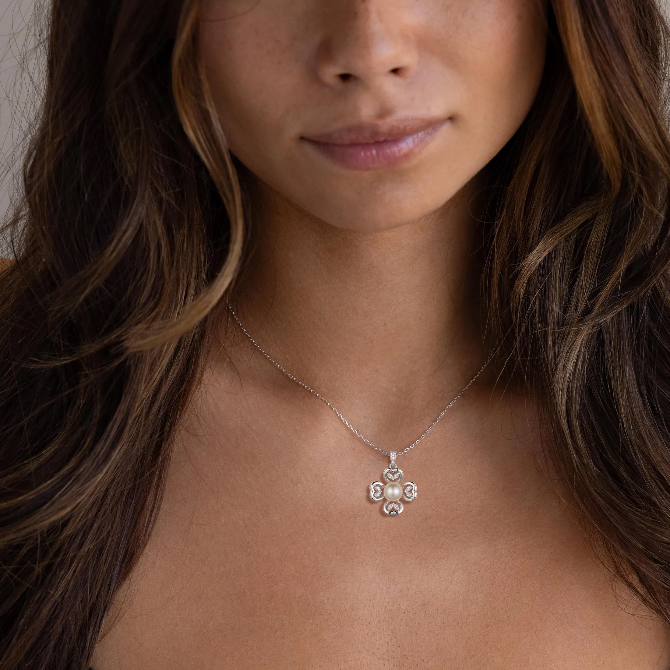 Fasjewly 925 Sterling Silver Heart Clover Pearl Necklace, Natural 7mm Pearl Pendant Jewelry Gift for Women, Birthday Anniversary Christmas Gift for Mom/Wife