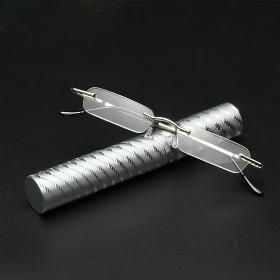 Pen holder Frameless Silver Reading Glasses  3.50 Small Rectangle Presbyopic Glasses Rimless Metal Business Readers with Case
