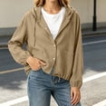 thumbnail image 5 of Women Linen Hooded Crop Jacket, Button Front Long Sleeve Drawstring Hem Shacket with Pockets, Lightweight Loose Fit Casual Coat Brown XL(XL), 5 of 9