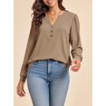 thumbnail image 2 of Womens Puff Long Sleeve Henley Shirts Trendy Casual V Neck Button Up Tunic Tops Loose Fit Basic Tees, 2 of 6