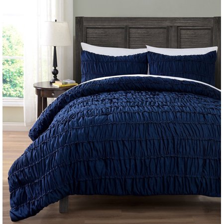 Navy Blue Comforter - 3pc Comforter set, NAVY BLUE Color Ruched Collection By Cozy Beddings