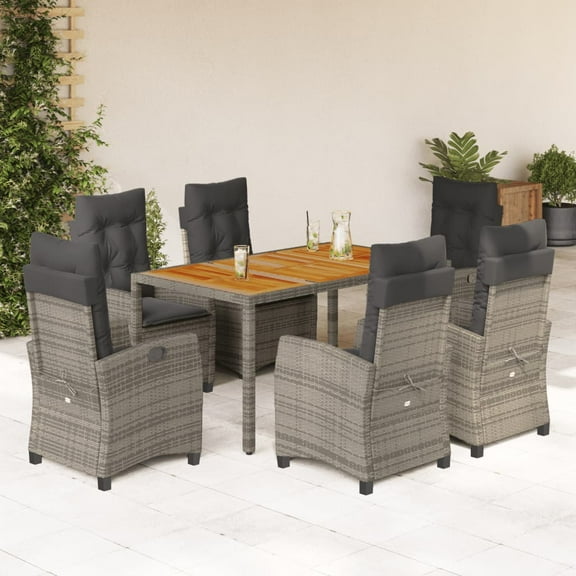 vidaXL 7 Piece Patio Dining Set with Cushions Gray Poly Rattan