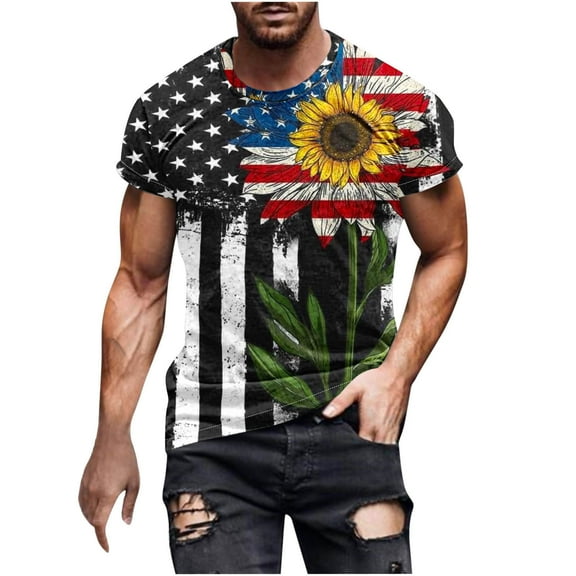 UVEASISHA Men's 4th of July T Shirts Funny,Graphic T-Shirts for Men Big and Tall American Flag Sunflower Printed Tops Short Sleeve Round Neck Workout Muscle Patriotic Tee Shirt 2024