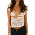 thumbnail image 2 of Raccmtaty Women's Lace Tops Vintage Cap Sleeve Low Cut Slim Fit T-Shirts + Sleeveless Bralette Set Summer Clothes, 2 of 6
