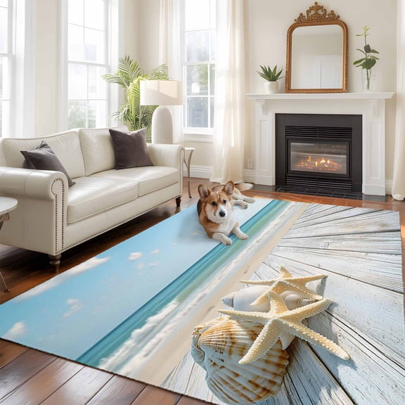 5'x8' Area Rugs, Summer Beach Indoor Outdoor Area Rug for Living Room Bedroom, Ocean Coastal Starfish Seashells Blue Sky Washable Bathroom Rugs Kitchen Floor Carpet Mats Home Decor Aesthetic