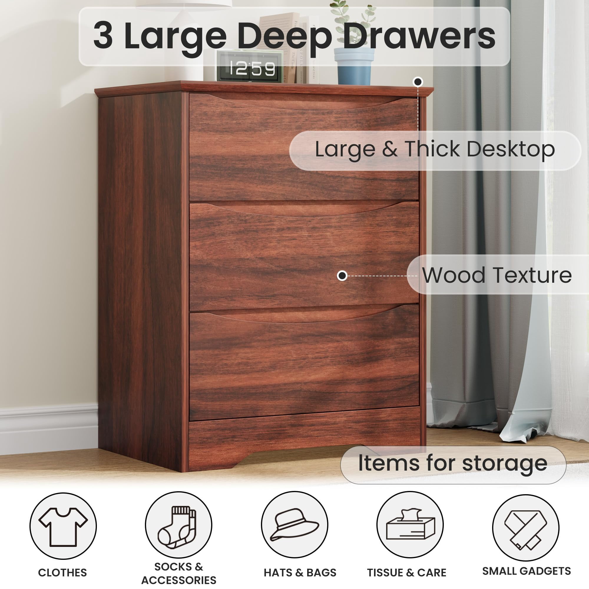 Kicctian Modern Dresser with 3 Deep Drawers, 30" Tall Wooden Storage Cabinet for Bedroom, Living Room, Entryway, Red Walnut