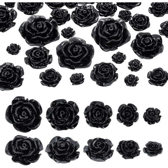 60pcs Resin Rose Beads 5 Size Black Rose Cabochons Flatback Flower Charms with No Hole Opaque Rose Cabochons for Sunglasses Jewelry Making Shoe Hair Clip Home Decor