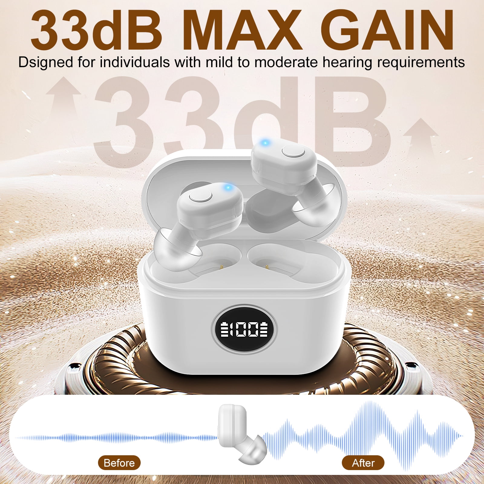 Personal Sound Amplifiers Rechargeable Bluetooth Sound Amplification Device with Charging Case Noise Reduction Volume Control for Adults