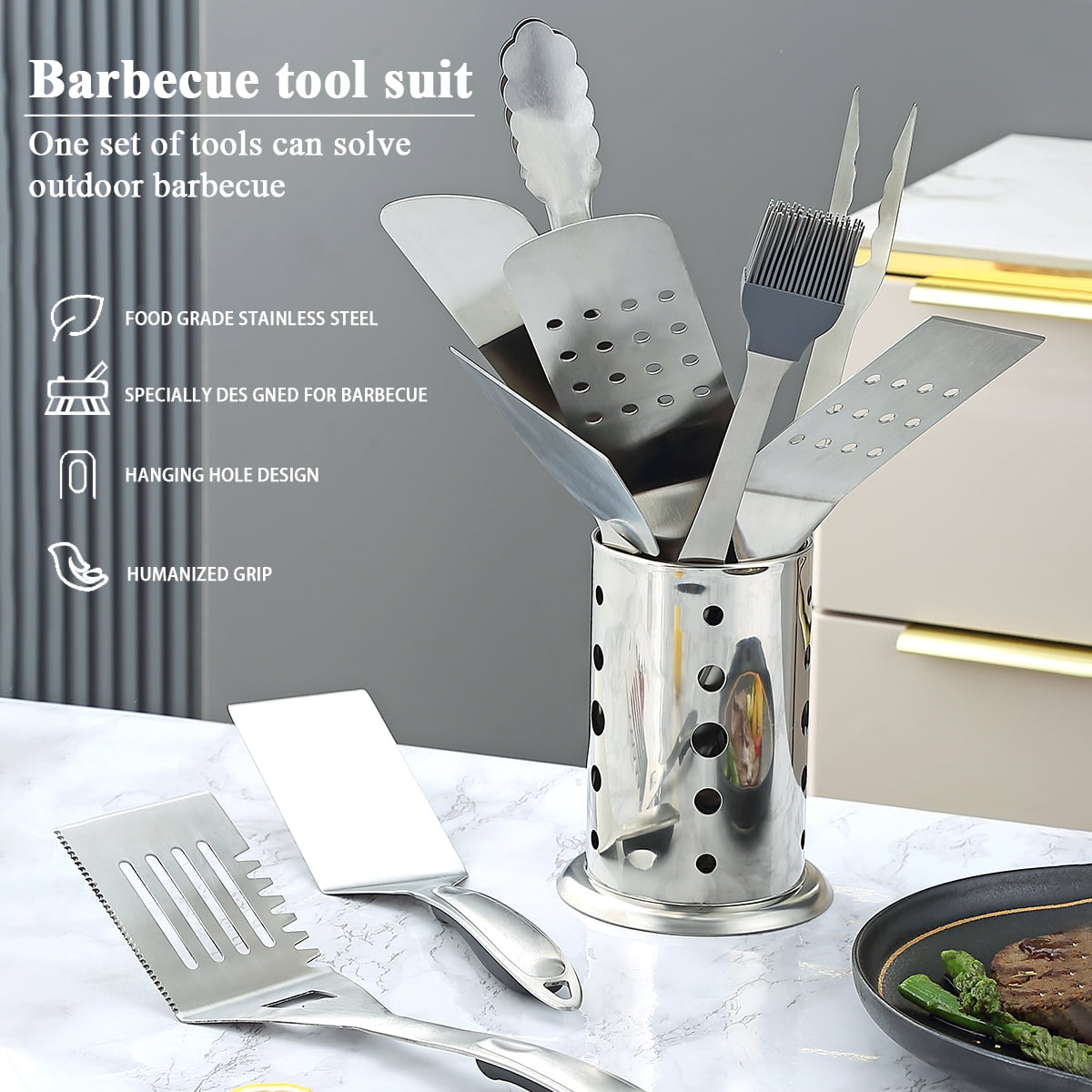 ReaNea Silver Barbecue Set of 10 Stainless Steel Grill Tool Set for All Grill Types and Dishwasher Safe