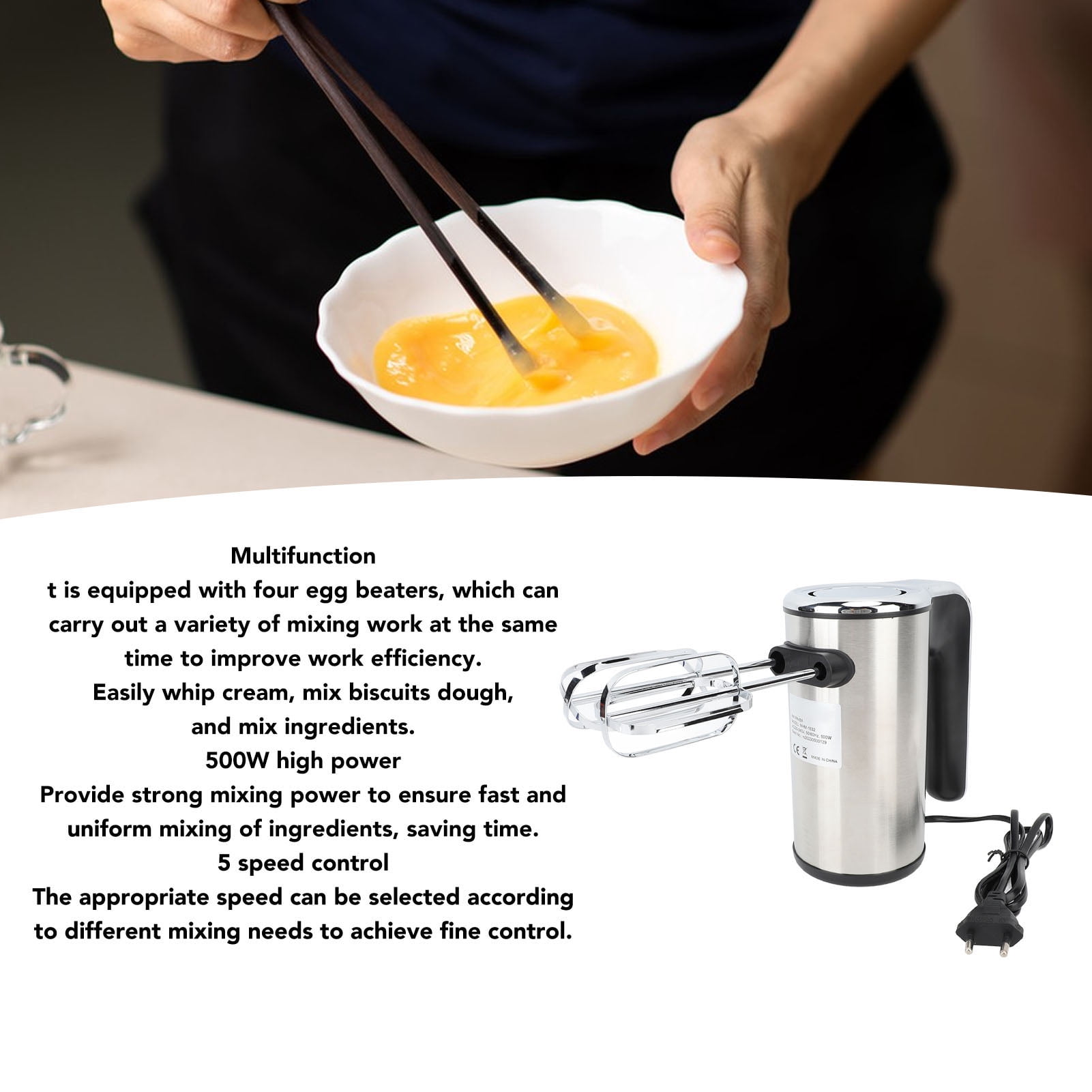 Nieyigj 500W Electric Hand Mixer, 5 Speed Stainless Steel Handheld Electric Mixer with Turbo, Includes 4 Dishwasher Safe Attachments for Whipping Cream & Blending Ingredients, 220V EU Plug