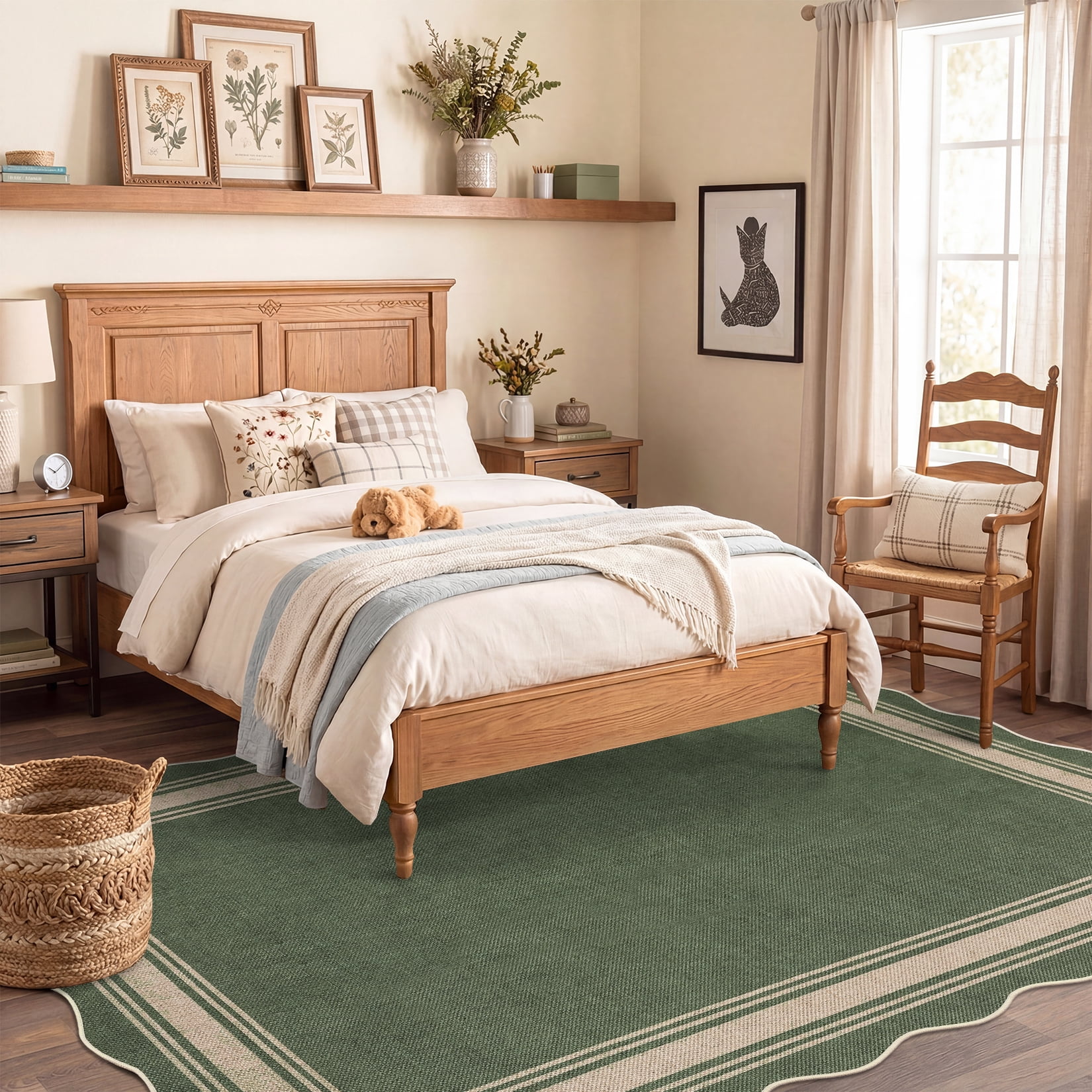 Nanan Scalloped Area Rug 9'x12' Edge Jute Rug, Washable Non Slip Low Pile Indoor Outdoor Rug Farmhouse Carpet for Living Room Dining Room Patio Entryway, Green
