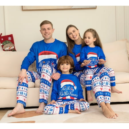 

Christmas Pajamas For Family Family Christmas Pajama Set Family Matching Outfits Blue Christmas Hat Pattern
