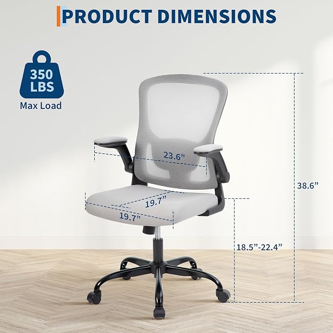 Ergonomic Mesh Office Chair - Adjustable Lumbar Support, Flip-Up Armrests | Comfy Rolling Computer Chair for Home Office & Study | Breathable, Stylish Executive Chair with Smooth Casters(Grey)