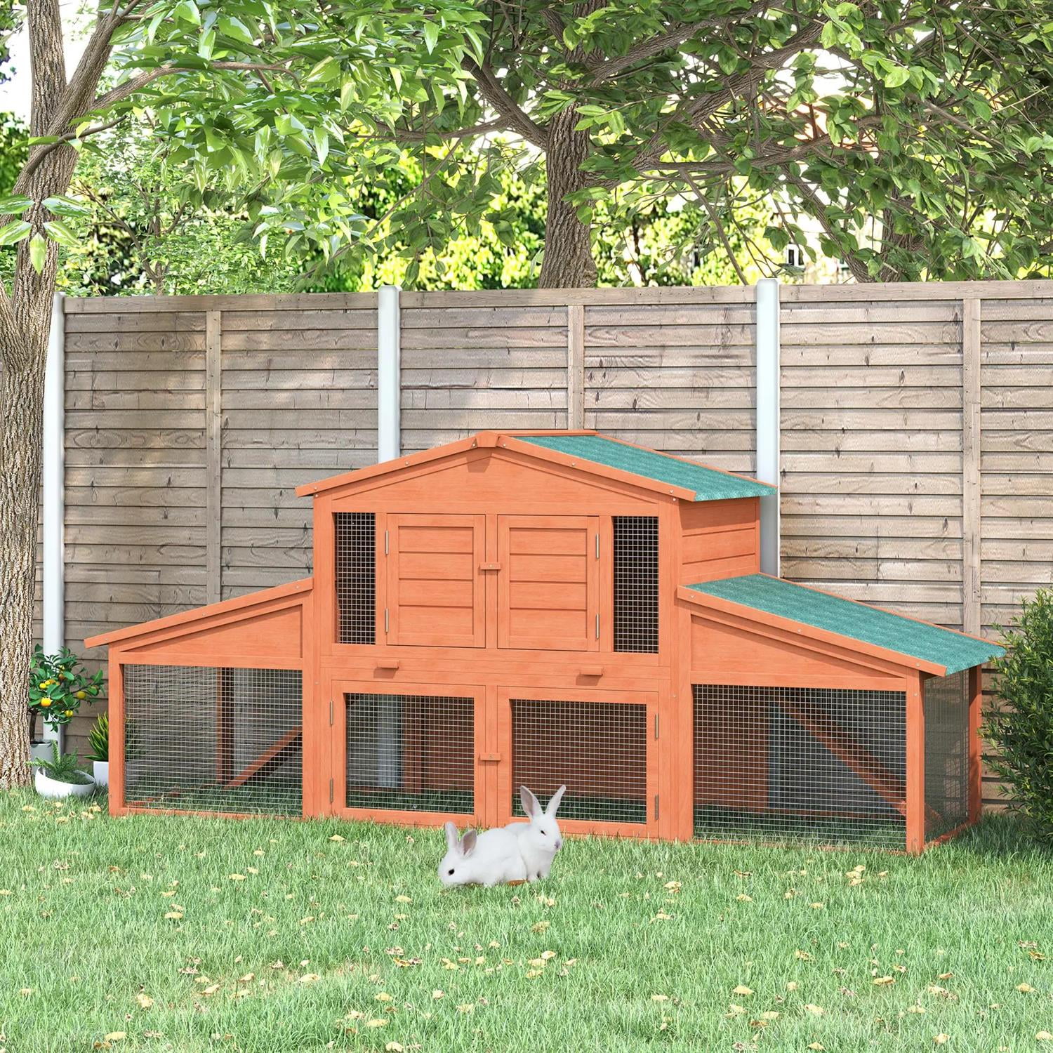 Pefilos 89" Wood Rabbit Hutch, Guinea Pig Cage with Double Runs, Weatherproof Roof, Removable Tray, Bunny House for Small Animals Outdoor Indoor, Orange