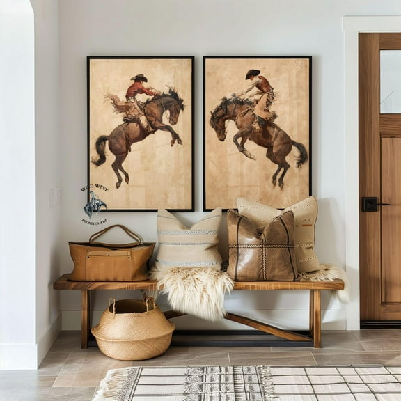 UNFFRAMED Vintage Bronco Riding Poster Set, Rustic Western Cowboy Wall Art Set 2 Prints 8x12