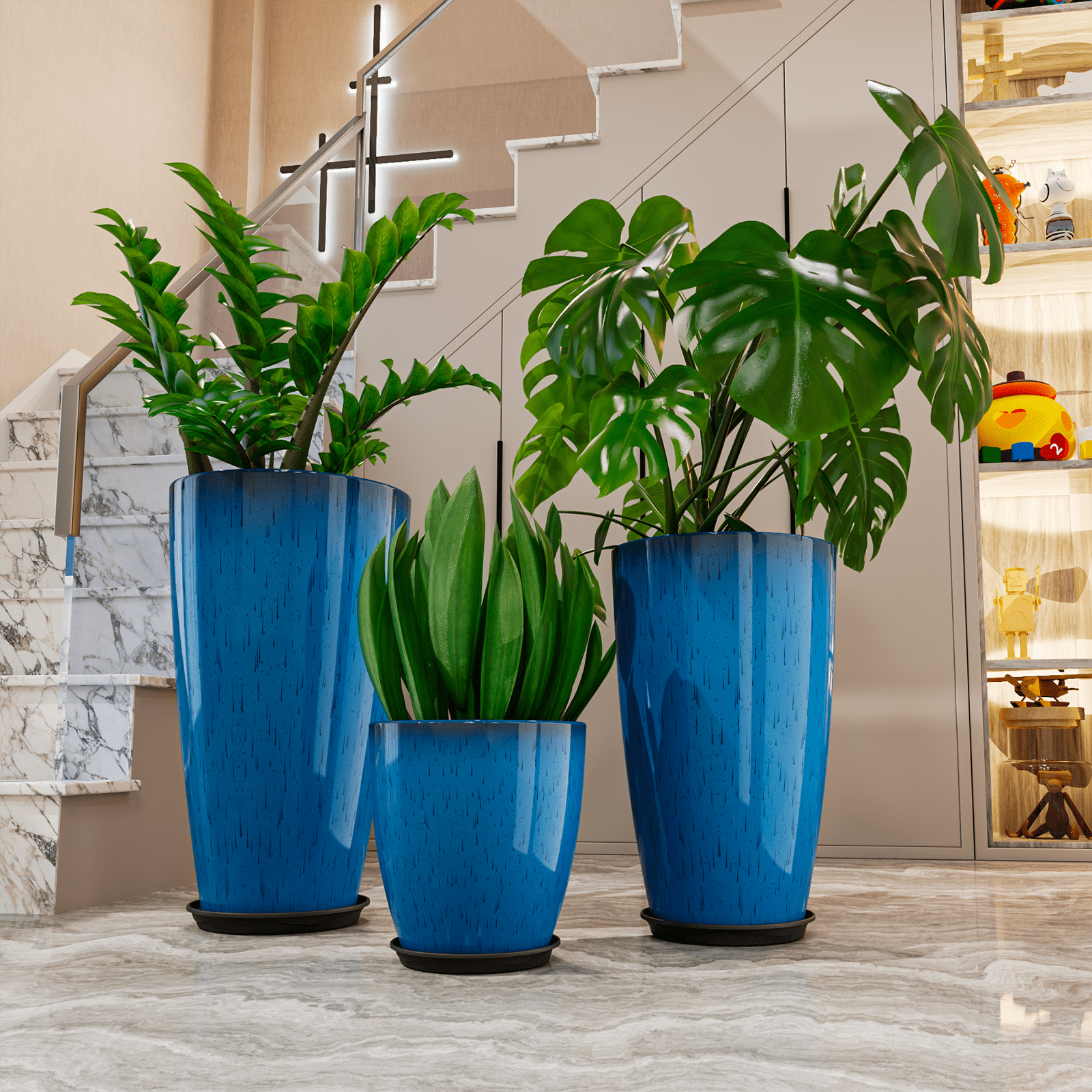 24,21,10 inch Large Planter for Indoor & Outdoor Plants, Set of 3, Sturdy Plant Flower Pots Modern Decor for Front Porch Patio,Blue