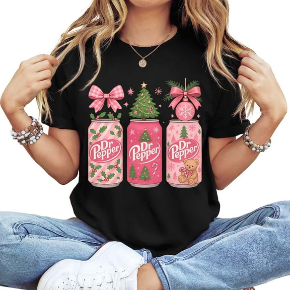 Women's Long Sleeve Crewneck Christmas Graphic T-Shirt - Pink Dr Pepper Holiday Festive Top