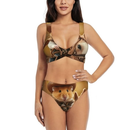 Zeuib Western Cowboy Guinea Pig High Waisted Tummy Control Bikini Set - Knot Front Push Up Top & Cheeky Thong Bottom  Two-Piece Swimsuit for Women-Small