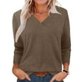 thumbnail image 3 of Oksale V Neck Tops for Women Stretch Cotton Spandex Long Sleeve Shirts Soft Cozy Fitted T ShirtsSolid Color Basic Tops Brown L, 3 of 8