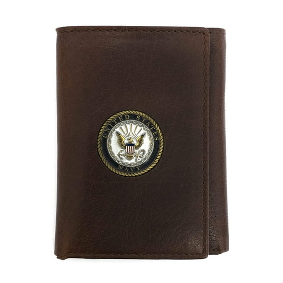 Officially Licensed "US NAVY" Medallion Genuine Leather Classic Handmade Wallet - Trifold Brown