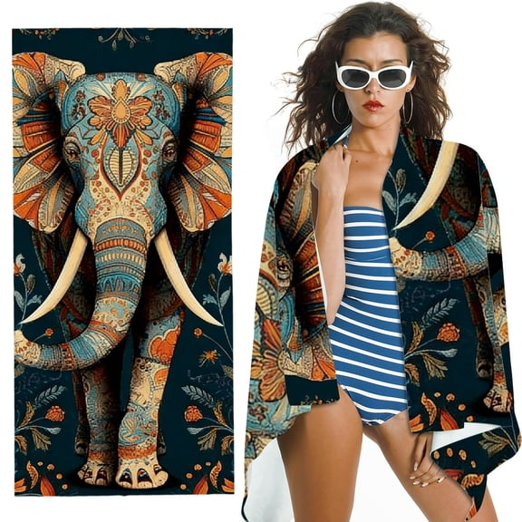 RKSupls Ethnic Elephant Floral Microfiber Beach Towel, Extra Large Quick Dry Lightweight Absorbent Towel for Travel Swimming Camping, Soft Super Absorbent- 30x60 in