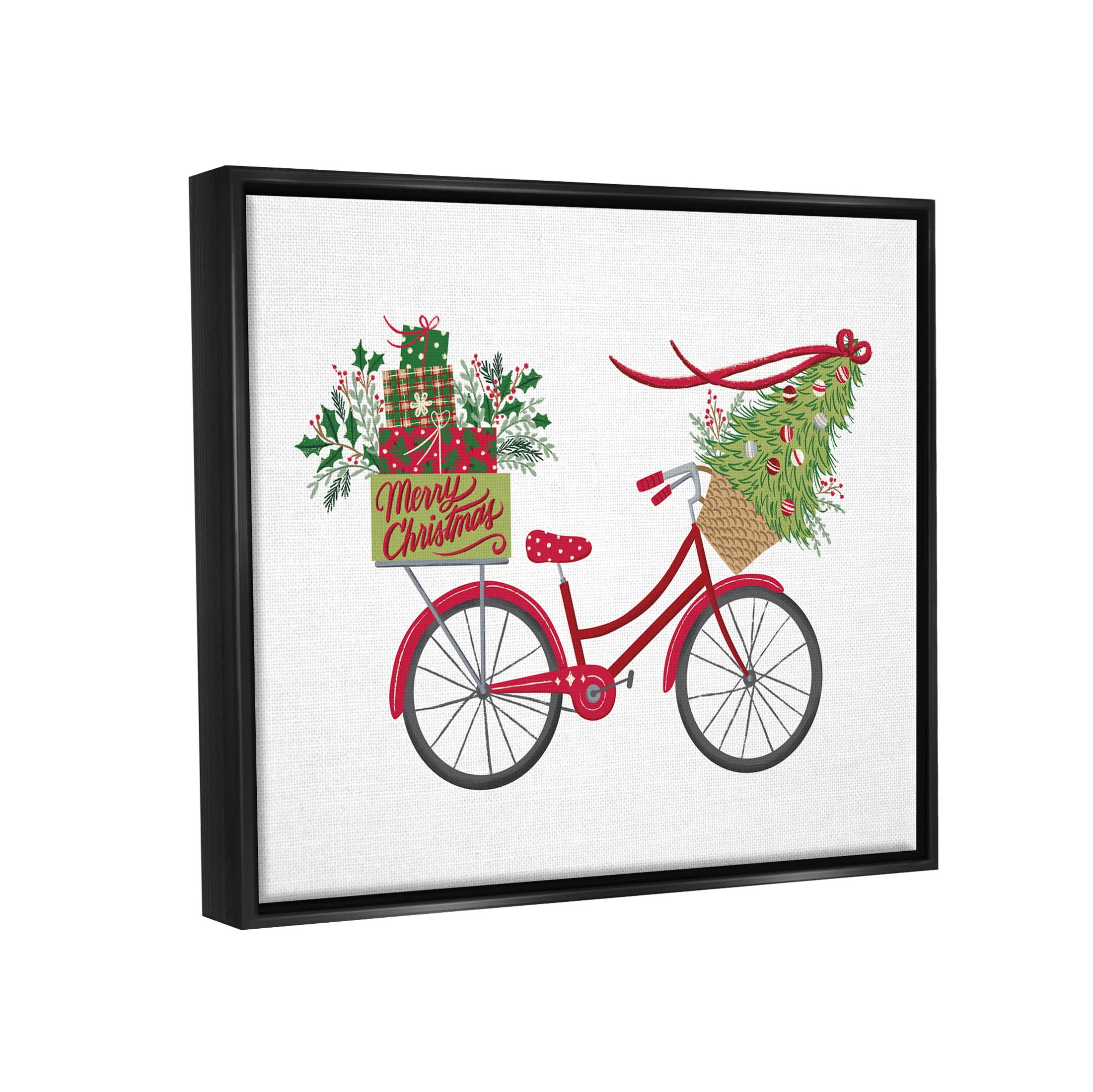 Stupell Industries Merry Christmas Seasonal Bicycle Graphic Art Jet Black Floating Framed Canvas Print Wall Art, Design by Amanda McGee
