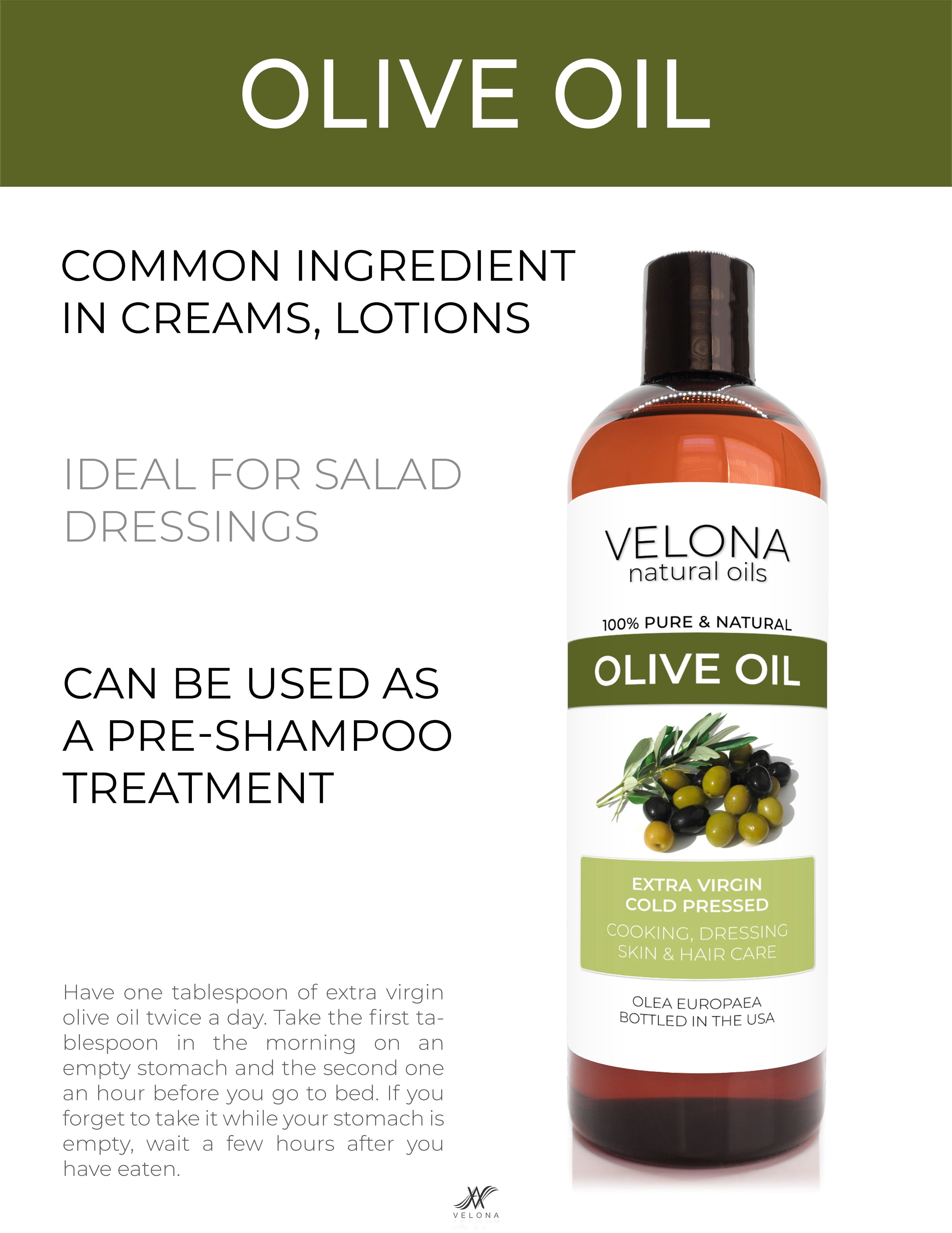 Velona Extra Virgin Unrefined Olive Oil | All Natural Clear Carrier Oil for Cooking and Face, Hair, Body & Skin Care  16 oz