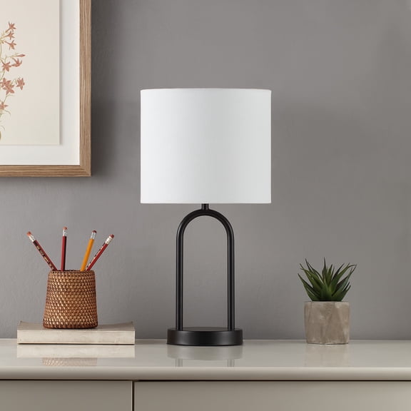 Mainstays 16.75 in Black Metal Arch Table Lamp with White Fabric Shade