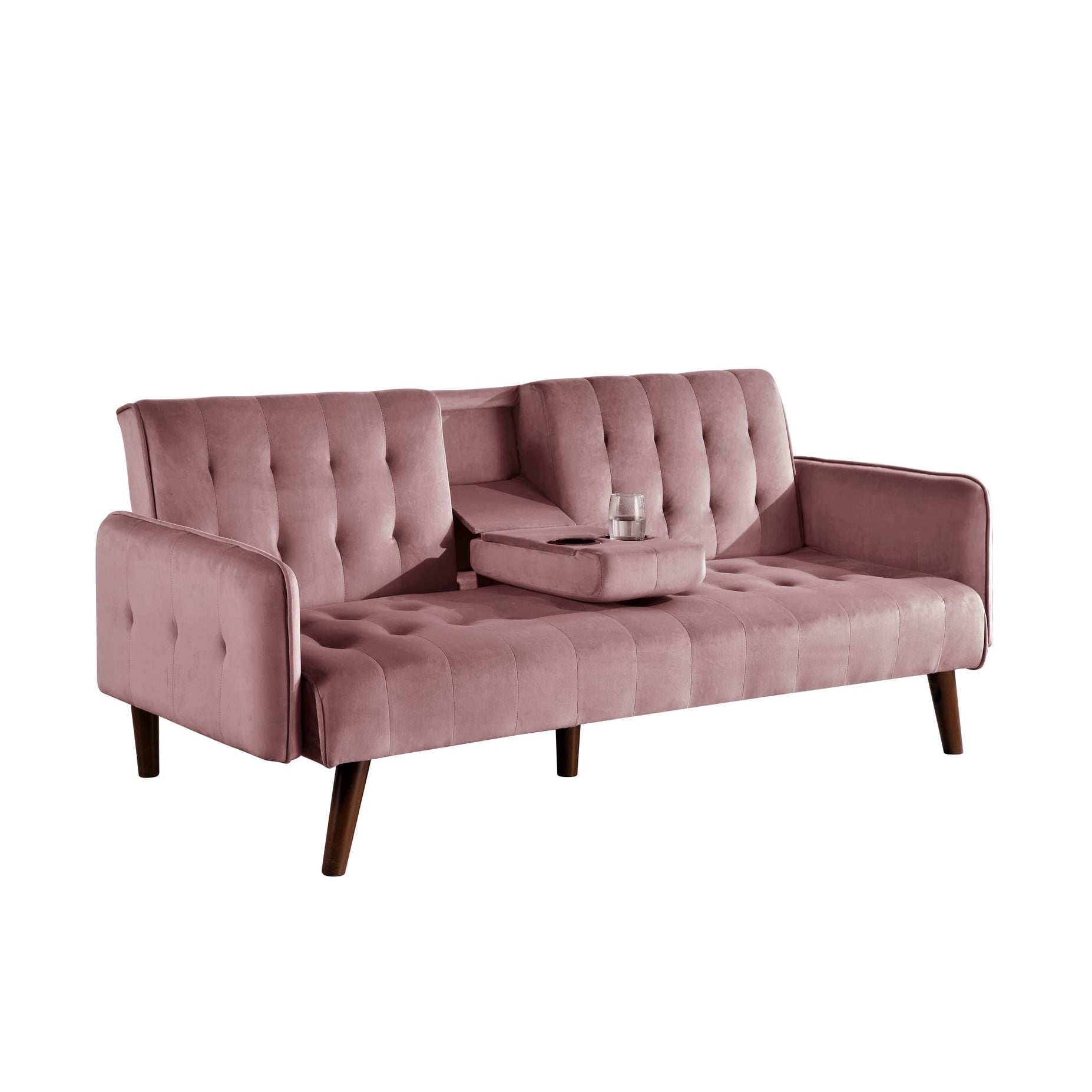 BSHTI 72" Linen Sleeper Sofa Bed with Folding Backrest,Adjustable Back, Drop-Down Table with Cup Holder for Living Room（Pink）