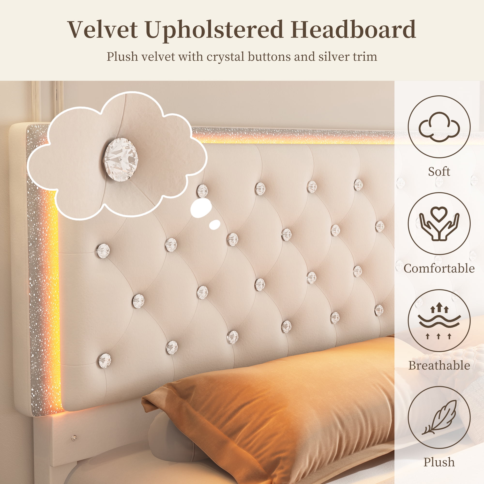 SIBEDS Full Upholstered LED Bed Frame with 2 Storage Drawers, Velvet Cream Diamond Tufted Headboard, RGB Lights, Noise Free, No Box Spring Needed