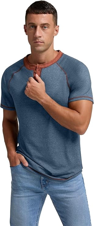 Classic henley style Three button henley closure, Mens Henley Short Sleeve T-Shirt Cotton Casual Shirt Mens ShirtsSummer Daily T-Shirts Blue L