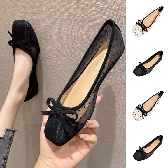 Miluxas Polka Dot Flats for Women Mesh Bow Mary Jane Ballet Flats Summer Dressy Slip On Shoes Breathable Ballerinas Comfy Trendy Classic Black 9.5(43)